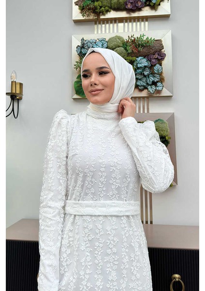 Çiçek Desenli Simli Tül Abiye Elbise 1108 Ekru