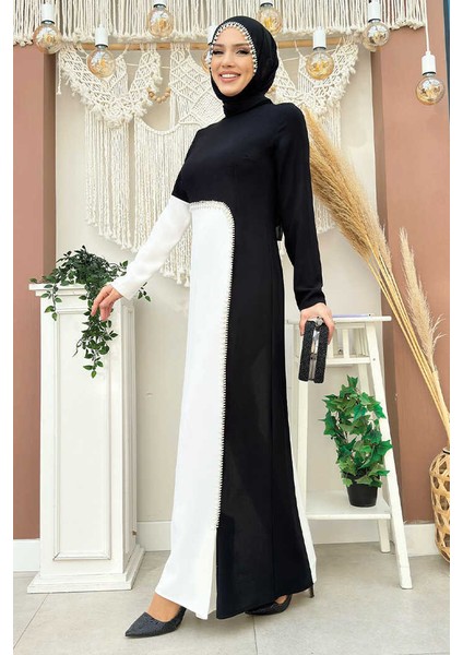 Iki Renkli Inci Detaylı Elbise 3865 Siyah modelleri