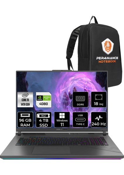 Rog Strix G18 Intel Core I9 14900HX 96GB 4tb SSD RTX4080/12GB 240Hz 18" Qhd+ W11P Taşınabilir Bilgisayar N6092 & Per4 Çanta N6092P420