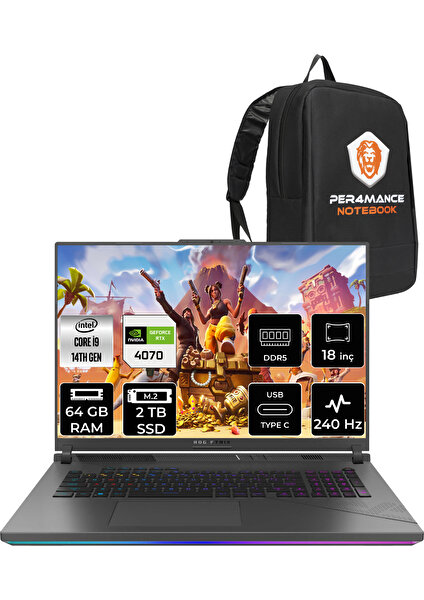 Rog Strix G18 Intel Core I9 14900HX 64GB 2tb SSD RTX4070/8GB 240Hz 18" Qhd+ Fdos Taşınabilir Bilgisayar N6062 & Per4 Çanta N6062P334