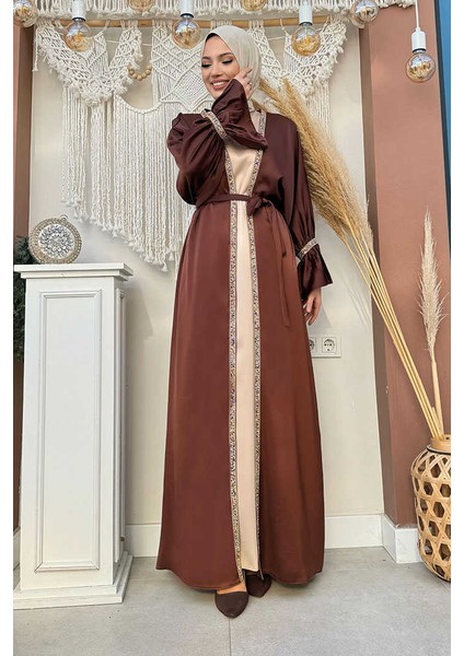Taş Işleme Detaylı Kuşaklı Elbiseli Abaya Takım 3860 Kahverengi
