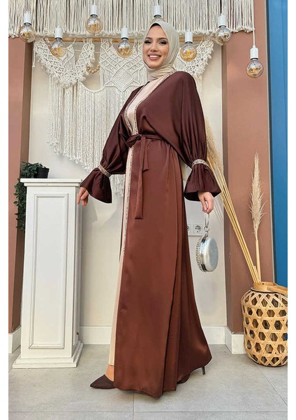 Taş Işleme Detaylı Kuşaklı Elbiseli Abaya Takım 3860 Kahverengi fiyatları