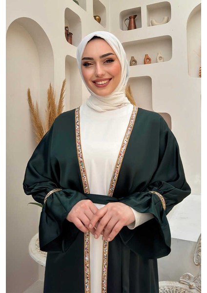 Taş Işleme Detaylı Kuşaklı Elbiseli Abaya Takım 3860 Zümrüt fırsatları