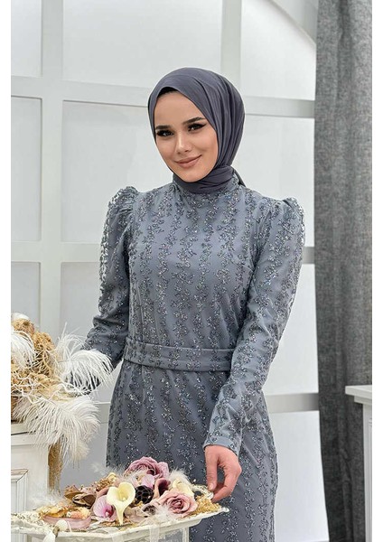 Çiçek Desenli Simli Tül Abiye Elbise 1108 Gri