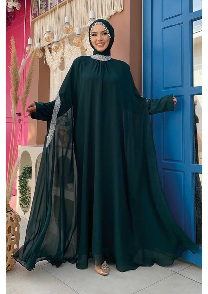 Taş Işleme Detaylı Elbiseli Pelerin Takım 3875 Zümrüt