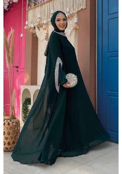 Taş Işleme Detaylı Elbiseli Pelerin Takım 3875 Zümrüt modelleri