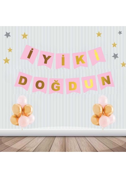 Iyi Ki Doğdun Yazılı Pembe Üzeri Gold Banner