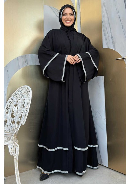 Taş Işlemeli Kat Detay Şallı Abaya 7883 Siyah