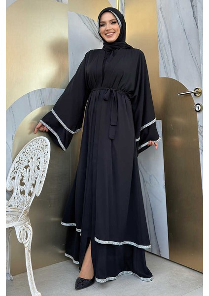 Taş Işlemeli Kat Detay Şallı Abaya 7883 Siyah