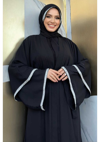 Taş Işlemeli Kat Detay Şallı Abaya 7883 Siyah