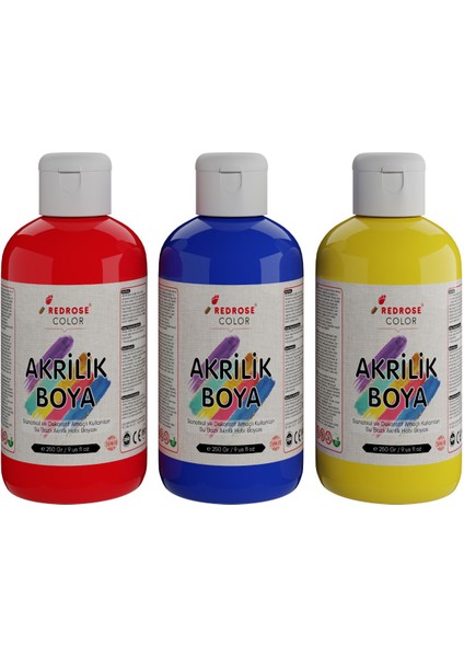 Kırmızı-Mavi-Sarı Akrilik Boya 3'lü Set 3X250GR Dekoratif, Hobi Amaçlı, Sanatsal, Canlı Renkler