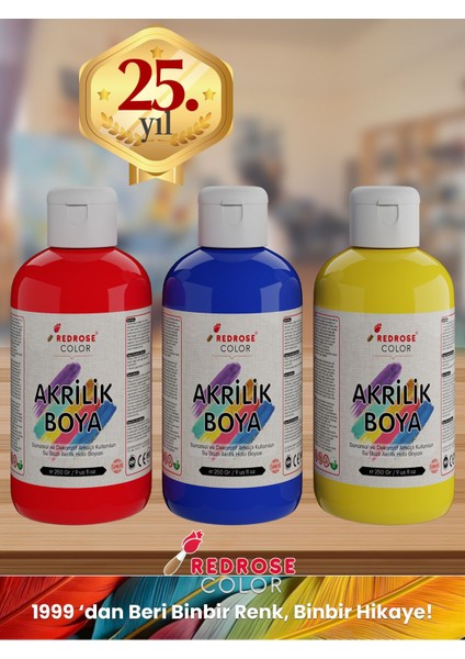 Kırmızı-Mavi-Sarı Akrilik Boya 3'lü Set 3X250GR Dekoratif, Hobi Amaçlı, Sanatsal, Canlı Renkler fiyatları
