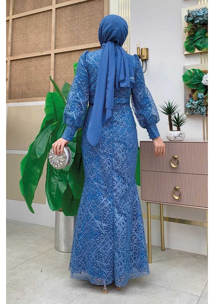 Desenli Balonkol Görünümlü Simli Abiye Elbise 1144 Indigo fiyatları