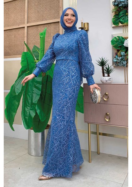 Desenli Balonkol Görünümlü Simli Abiye Elbise 1144 Indigo modelleri