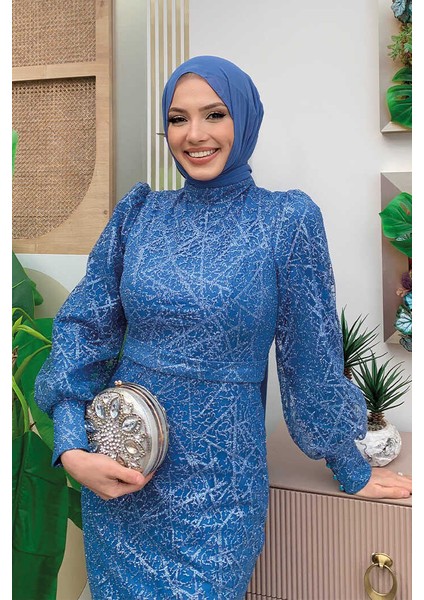 Desenli Balonkol Görünümlü Simli Abiye Elbise 1144 Indigo fırsatları