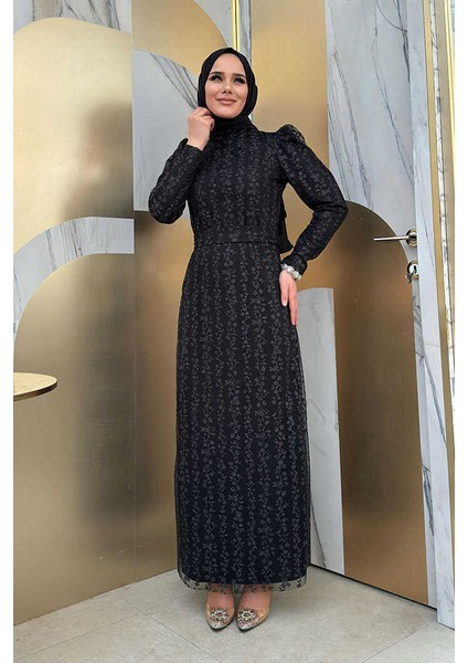 Çiçek Desenli Simli Tül Abiye Elbise 1108 Siyah