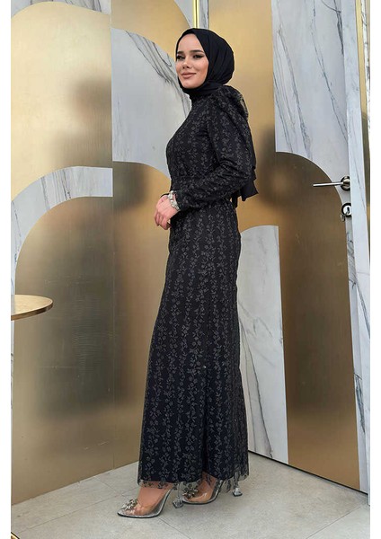Çiçek Desenli Simli Tül Abiye Elbise 1108 Siyah fiyatları