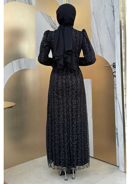 Çiçek Desenli Simli Tül Abiye Elbise 1108 Siyah modelleri