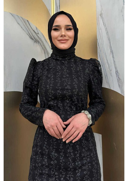 Çiçek Desenli Simli Tül Abiye Elbise 1108 Siyah fırsatları