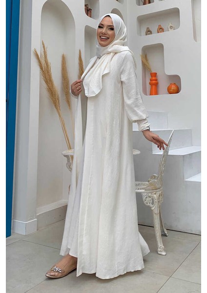 Şallı Elbiseli Abaya Takım 3883 Ekru modelleri