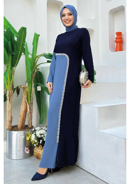 Iki Renkli Inci Detaylı Elbise 3865 Lacivert modelleri