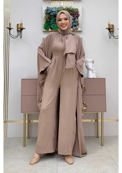 Şalıyla Birlikte Tulum ve Abaya Ikili Takım 8519 Vizon