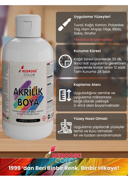 Red Rose Beyaz Akrilik Boya 250GR Sanatsal, Dekoratif, Hobi Amaçlı, Canlı Renkler