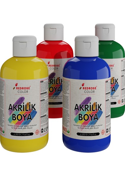 Red Rose Ana Renkler Akrilik Boya 4'lü Set 4X250GR Dekoratif, Hobi Amaçlı, Sanatsal, Canlı Renkler