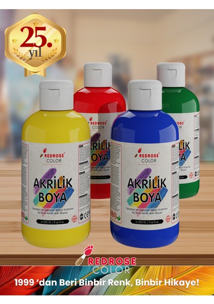 Red Rose Ana Renkler Akrilik Boya 4'lü Set 4X250GR Dekoratif, Hobi Amaçlı, Sanatsal, Canlı Renkler