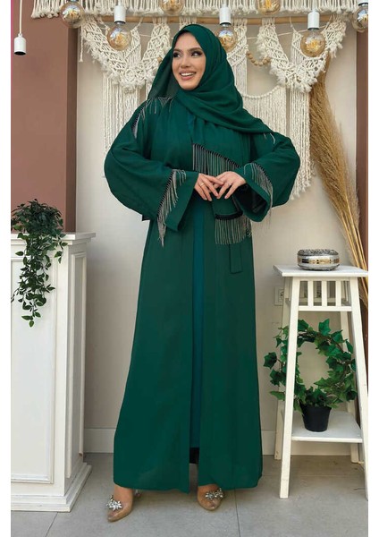 Zincir Püskül Detay Şallı Abaya 7887 Zümrüt