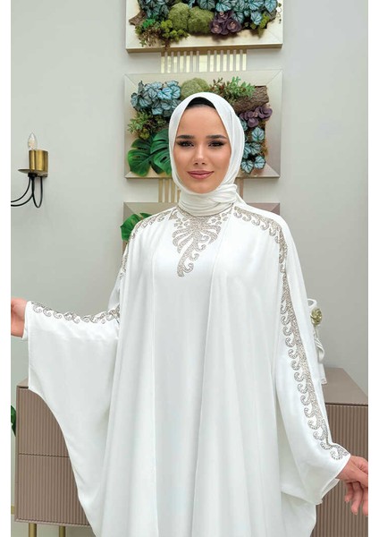 Taş Işlemeli Elbiseli Abaya Takım 8499 Ekru