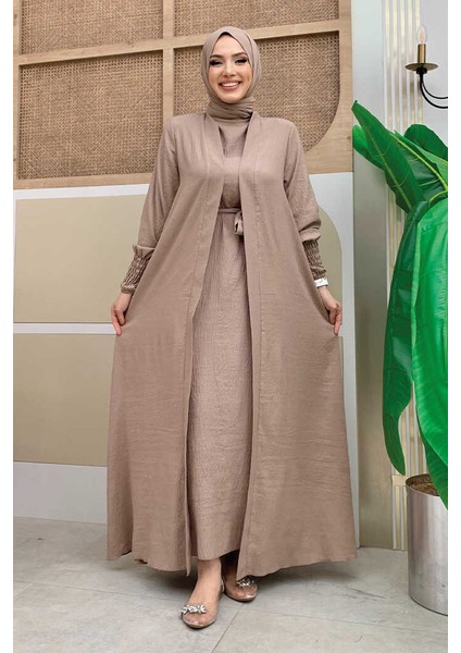 Şallı Elbiseli Abaya Takım 3883 Vizon