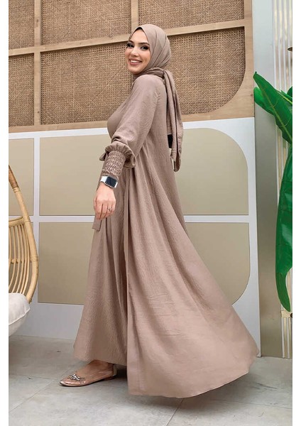 Şallı Elbiseli Abaya Takım 3883 Vizon modelleri