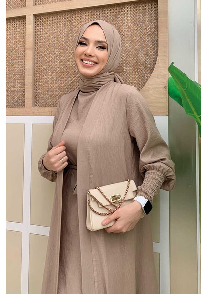 Şallı Elbiseli Abaya Takım 3883 Vizon fırsatları