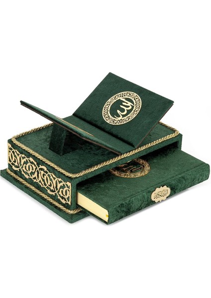 Masa Üstü Rahleli Kadife Kaplı Sandıklı Kuranı Kerim Seti - Rahiya Serisi Yeşil