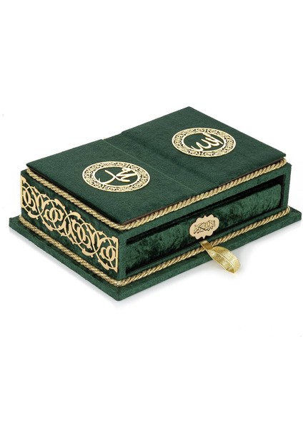 Masa Üstü Rahleli Kadife Kaplı Sandıklı Kuranı Kerim Seti - Rahiya Serisi Yeşil modelleri