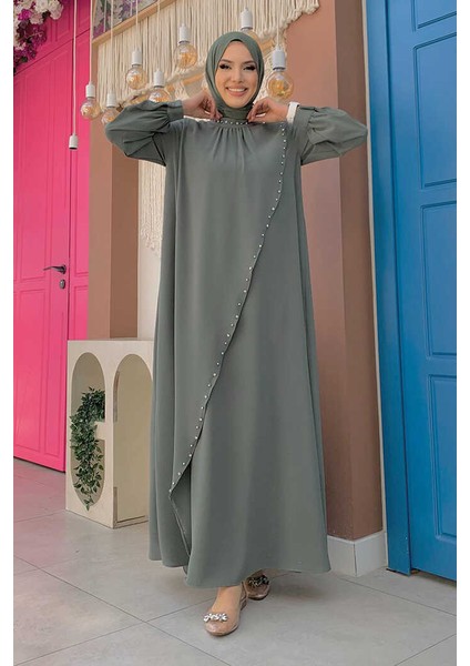 Çapraz Parça Görünümlü Incili Elbise 3879 Mint