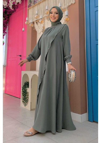 Çapraz Parça Görünümlü Incili Elbise 3879 Mint modelleri