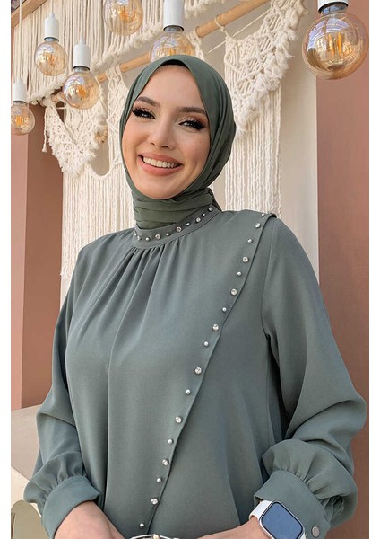 Çapraz Parça Görünümlü Incili Elbise 3879 Mint fırsatları