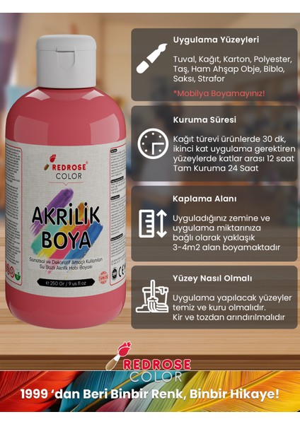 Pembe Akrilik Boya 250GR Sanatsal, Dekoratif, Hobi Amaçlı, Canlı Renkler