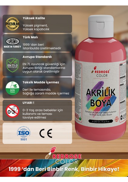 Pembe Akrilik Boya 250GR Sanatsal, Dekoratif, Hobi Amaçlı, Canlı Renkler