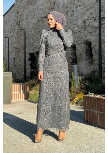Dal Desenli Simli Tül Abiye Elbise 1140 Gri