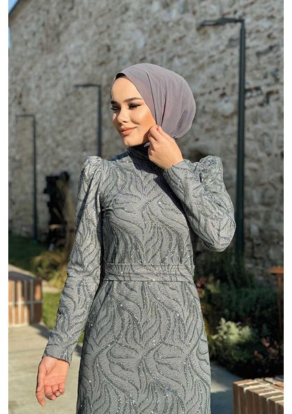 Dal Desenli Simli Tül Abiye Elbise 1140 Gri