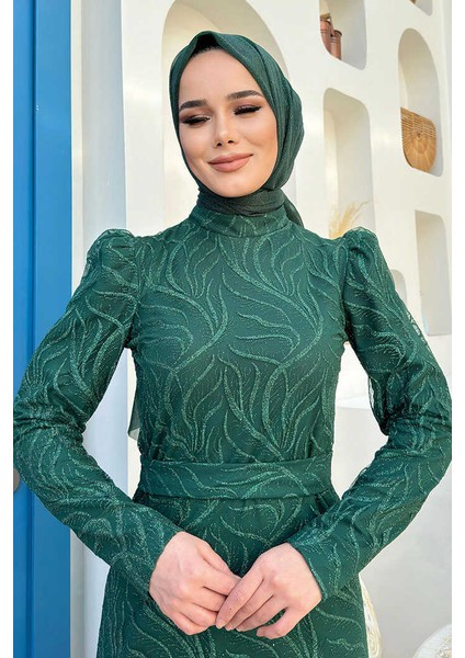 Dal Desenli Simli Tül Abiye Elbise 1140 Zümrüt