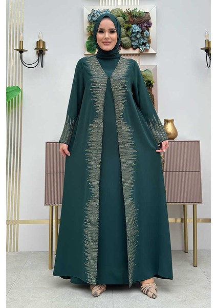 Pul Işlemeli Yelekli Elbise Takım 8498 Zümrüt