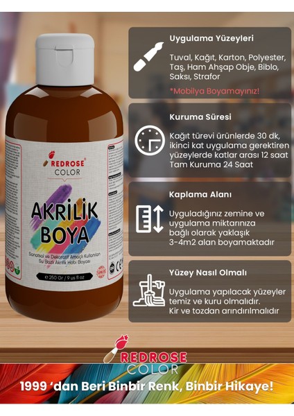 Kahverengi Akrilik Boya 250GR Sanatsal, Dekoratif, Hobi Amaçlı, Canlı Renkler