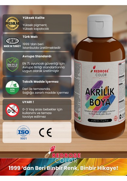 Kahverengi Akrilik Boya 250GR Sanatsal, Dekoratif, Hobi Amaçlı, Canlı Renkler