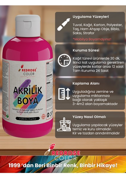 Fuşya Akrilik Boya 250GR Sanatsal, Dekoratif, Hobi Amaçlı, Canlı Renkler