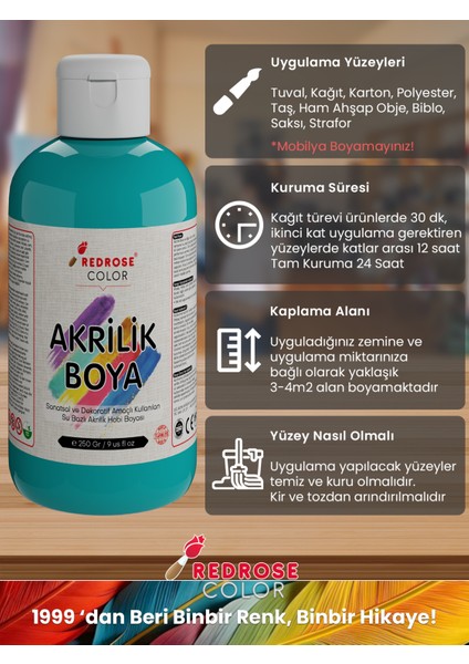 Turkuaz Akrilik Boya 250GR Sanatsal, Dekoratif, Hobi Amaçlı, Canlı Renkler