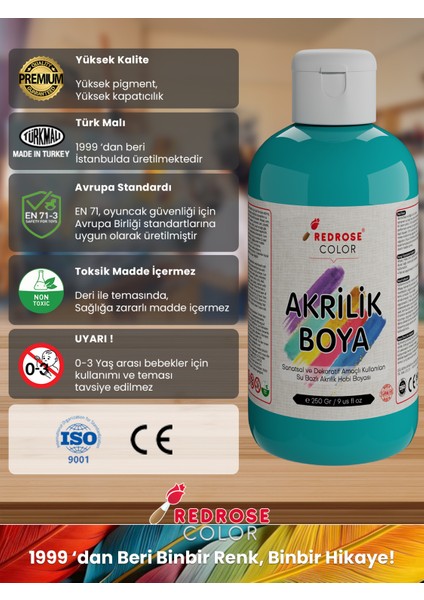 Turkuaz Akrilik Boya 250GR Sanatsal, Dekoratif, Hobi Amaçlı, Canlı Renkler